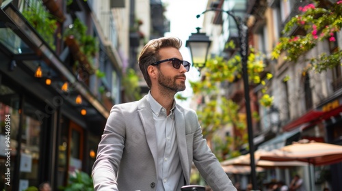 Young businessman biking through a lively city street