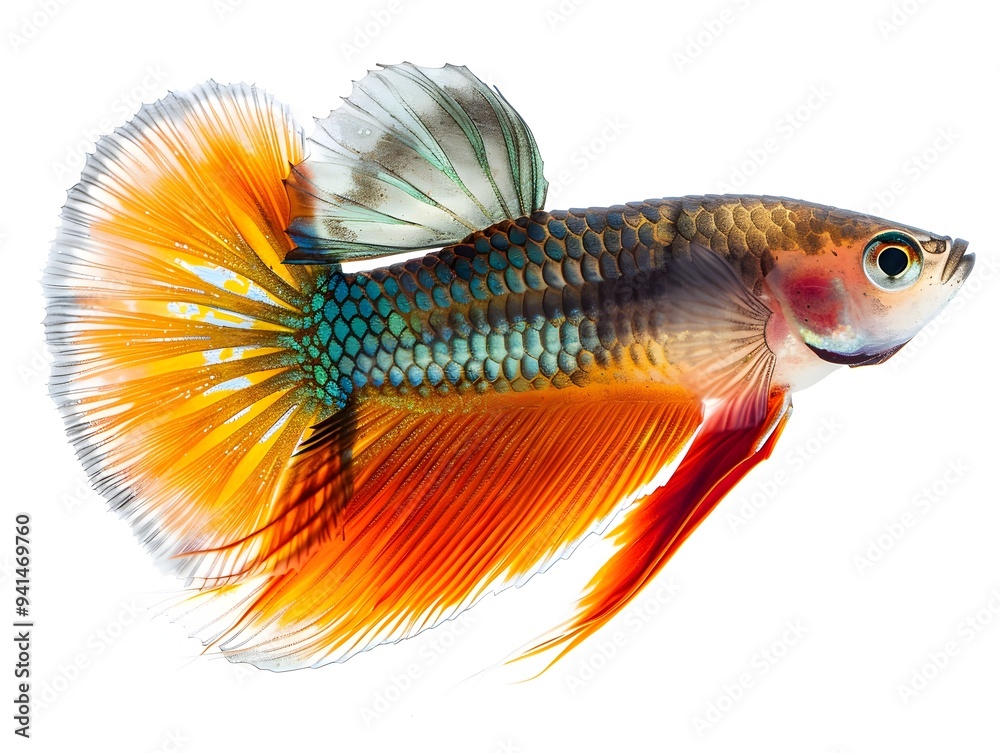 Fototapeta premium Beautifully Detailed Guppy with Fan like Tail on White Background Ornamental Fish Concept