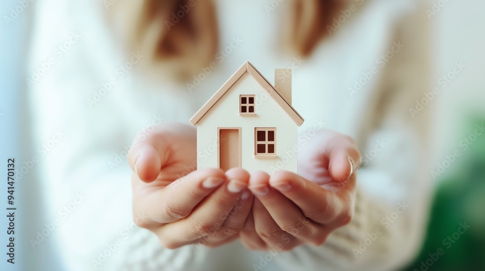 A person holding a small wooden house model in their hands indoors, symbolizing home ownership and dreams of a new beginning. A person holding a small wooden house model in their hands indoors, symbolizing home ownership and dreams of a new beginning.