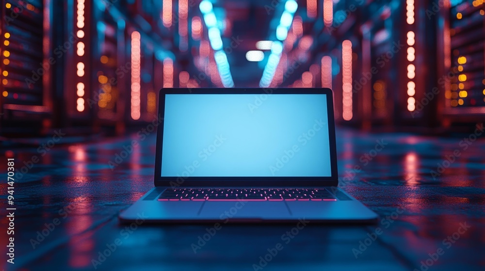 Laptop in Data Center with Neon Lights Generative AI Laptop in Data Center with Neon Lights Generative AI