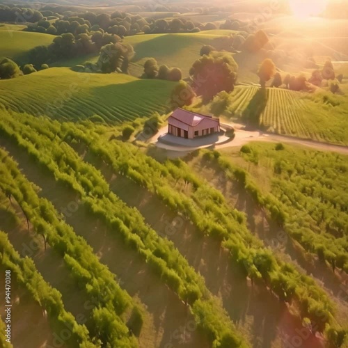 Aerial view of a sprawling vineyard at sunrise.
