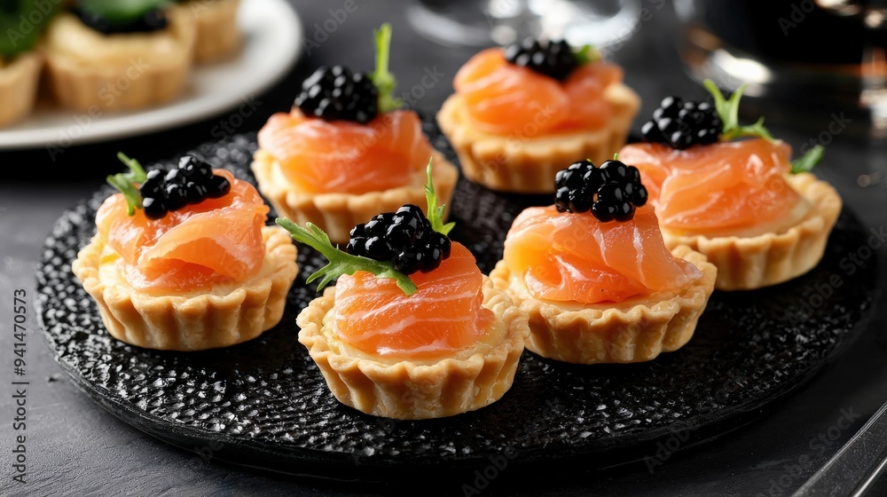 Appetizing Canapes with Smoked Salmon, Caviar, and Creamy Filling, a Gourmet Delicacy for Elegant Gatherings Appetizing Canapes with Smoked Salmon, Caviar, and Creamy Filling, a Gourmet Delicacy for Elegant Gatherings