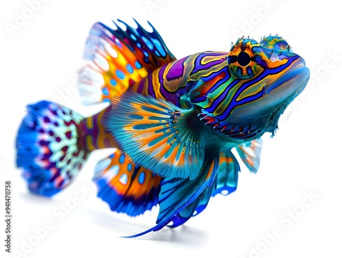 Captivating Mandarin Fish with Vibrant Patterns Swimming Gracefully Against White Background photo