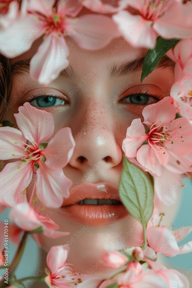 A close-up of a woman's face with flowers woven into her hair, perfect for beauty or nature-themed projects