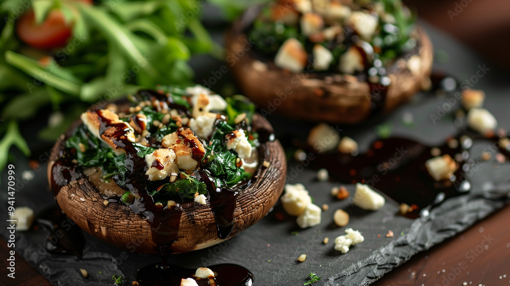 stuffed portobello mushrooms filled with spinach, garlic, and feta cheese, drizzled with balsamic glaze, presented on a slate platter with a side of arugula salad stuffed portobello mushrooms filled with spinach, garlic, and feta cheese, drizzled with balsamic glaze, presented on a slate platter with a side of arugula salad