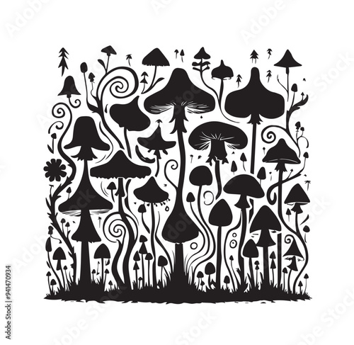 Black vector group of decorative mushrooms silhouette illustration on white background.