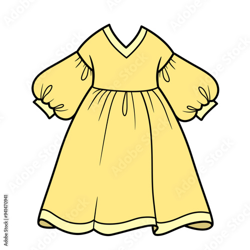 Long light yellow fluffy dress with long sleeves