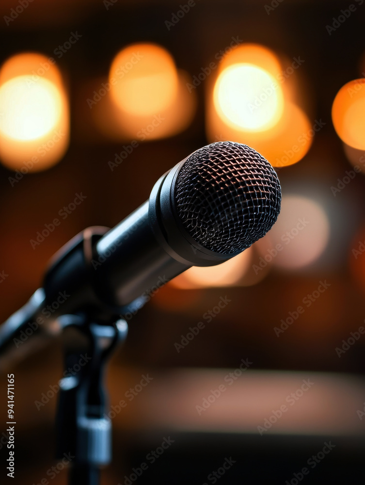 A close-up of a microphone, elegantly poised on a stand, with soft bokeh lights in the background creating a warm and inviting atmosphere for performances. A close-up of a microphone, elegantly poised on a stand, with soft bokeh lights in the background creating a warm and inviting atmosphere for performances.