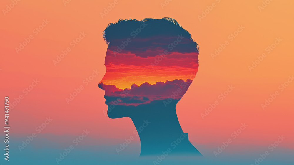 A creative double exposure silhouette of a person with a vibrant sunset sky, combining nature and humanity in artistic harmony. A creative double exposure silhouette of a person with a vibrant sunset sky, combining nature and humanity in artistic harmony.