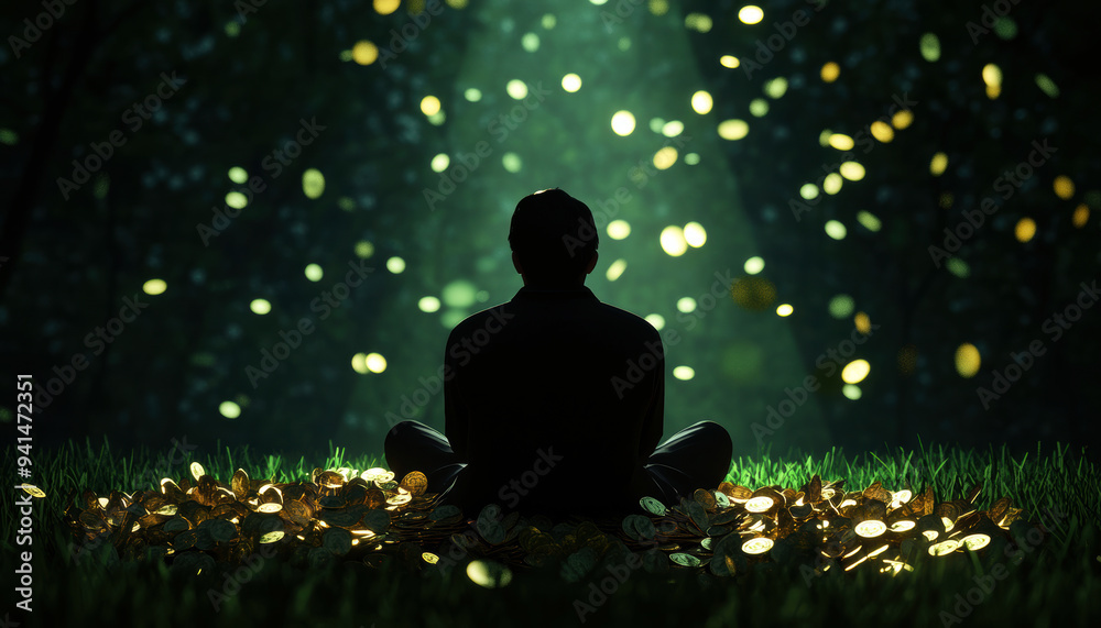A serene figure sits amidst a radiant pile of coins, surrounded by a mystical ambiance. Soft beams of light dance through the trees, embodying the essence of wealth and tranquility. A serene figure sits amidst a radiant pile of coins, surrounded by a mystical ambiance. Soft beams of light dance through the trees, embodying the essence of wealth and tranquility.