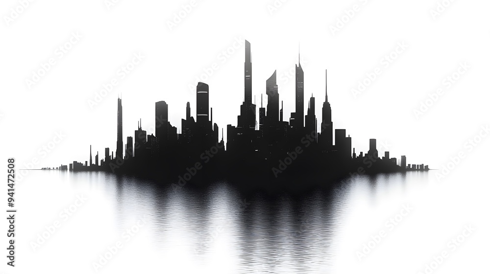 Fototapeta premium CG Futuristic City Skyline Silhouette: A sleek, CG-rendered silhouette of a futuristic city skyline, set against a stark white background. 