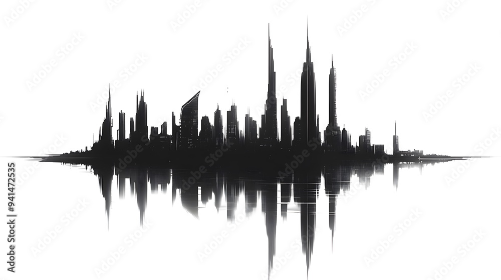 Naklejka premium CG Futuristic City Skyline Silhouette: A sleek, CG-rendered silhouette of a futuristic city skyline, set against a stark white background. 