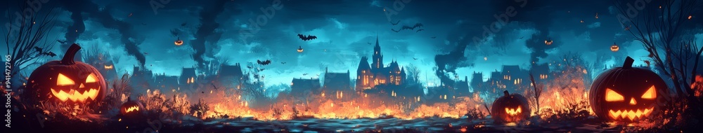 Halloween Website Banner with Glowing Jack-o'-Lanterns, Bats, and Spooky Haunted Houses Under a Misty Night Sky, Perfect for Halloween-Themed Web Design
Halloween Website Banner with Glowing Jack-o'-Lanterns, Bats, and Spooky Haunted Houses Under a Misty Night Sky, Perfect for Halloween-Themed Web Design