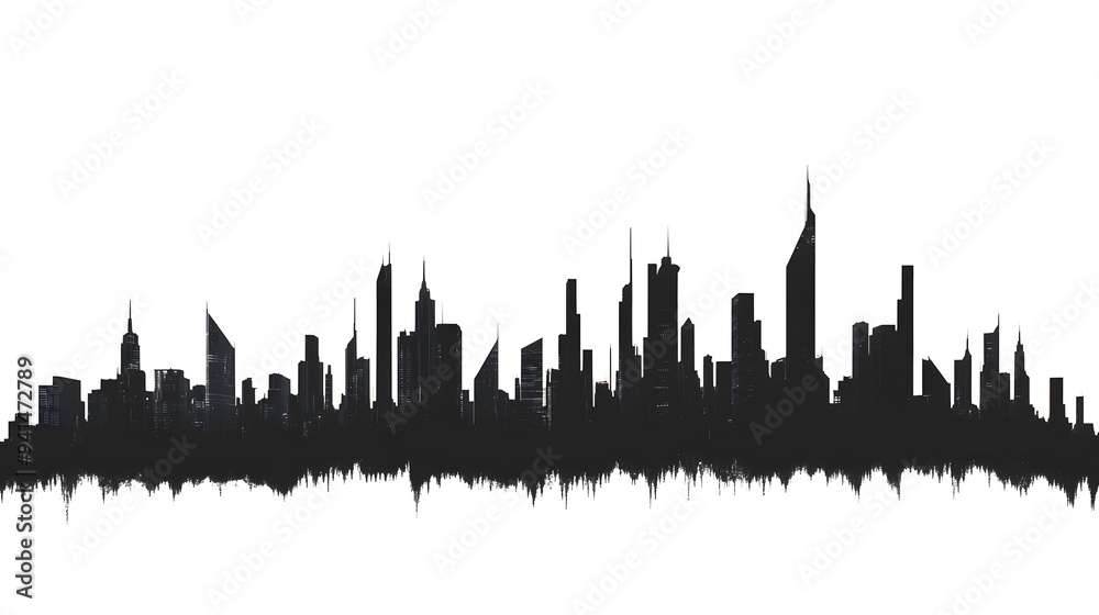 Naklejka premium CG Futuristic City Skyline Silhouette: A sleek, CG-rendered silhouette of a futuristic city skyline, set against a stark white background. 