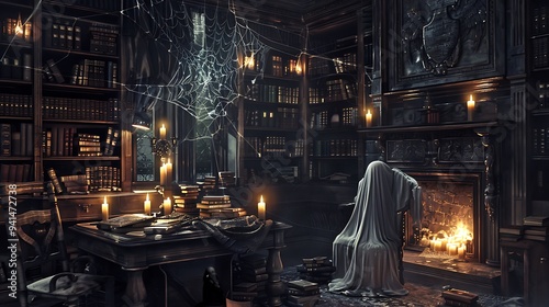 A spooky, dimly lit library with cobweb-covered bookshelves, flickering candles, and a ghostly figure reading an old tome by the fireplace