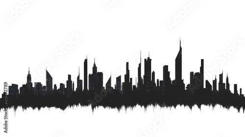 CG Futuristic City Skyline Silhouette: A sleek, CG-rendered silhouette of a futuristic city skyline, set against a stark white background.
