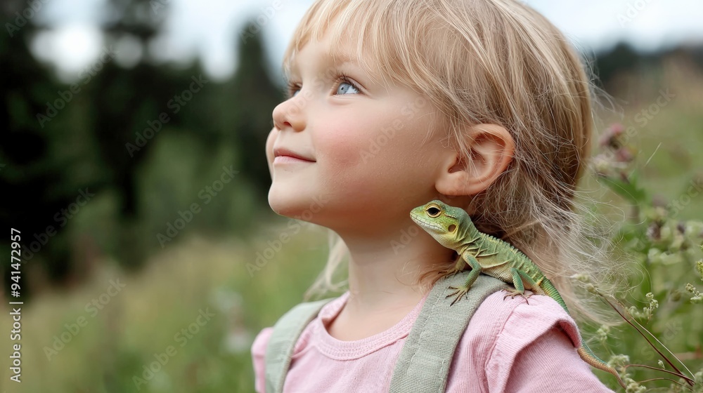 Little Girl with a Lizard on Her Shoulder Looking Up in Wonder, Outdoors in a Lush Green Setting Little Girl with a Lizard on Her Shoulder Looking Up in Wonder, Outdoors in a Lush Green Setting