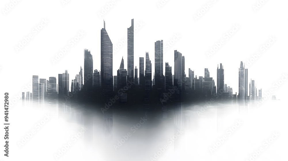 Naklejka premium CG Futuristic City Skyline Silhouette: A sleek, CG-rendered silhouette of a futuristic city skyline, set against a stark white background.