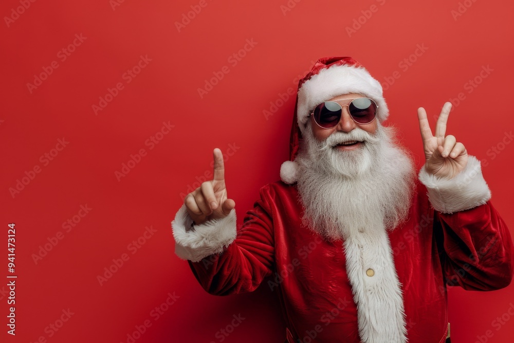 A modern depiction of Santa Claus in a red suit and sunglasses, giving a peace sign against a vibrant red background. Perfect for holiday and Christmas projects with a fun and stylish twist