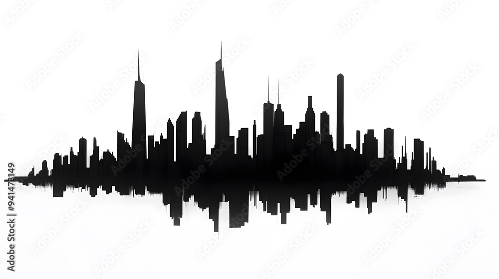 CG Futuristic City Skyline Silhouette: A sleek, CG-rendered silhouette of a futuristic city skyline, set against a stark white background.

