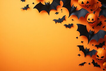 Halloween corner border of scattered candy and decor. Above view over an orange banner background with copy space