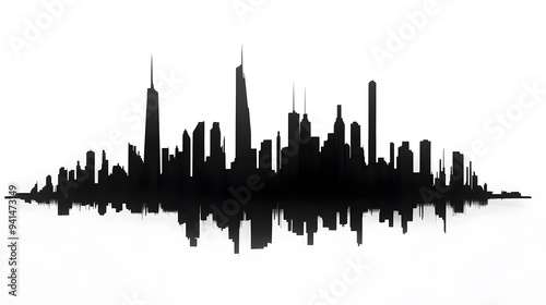 CG Futuristic City Skyline Silhouette: A sleek, CG-rendered silhouette of a futuristic city skyline, set against a stark white background. 