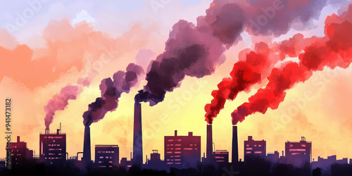 A stark portrayal of industrial pollution, showcasing smokestacks releasing colorful emissions against a twilight sky. This image highlights the environmental impact of industrial activities and urban