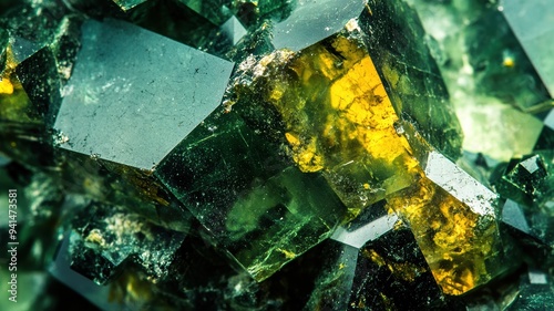 Detailed view of epidote gemstone revealing its intense green hue and crystalline texture photo