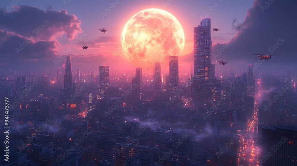 Obraz premium Futuristic cityscape under a giant full moon Generative AI