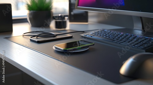 Office desk with wireless charger, smartphone, and keyboard, embodying modern technology, wireless devices, and energy transfer. 