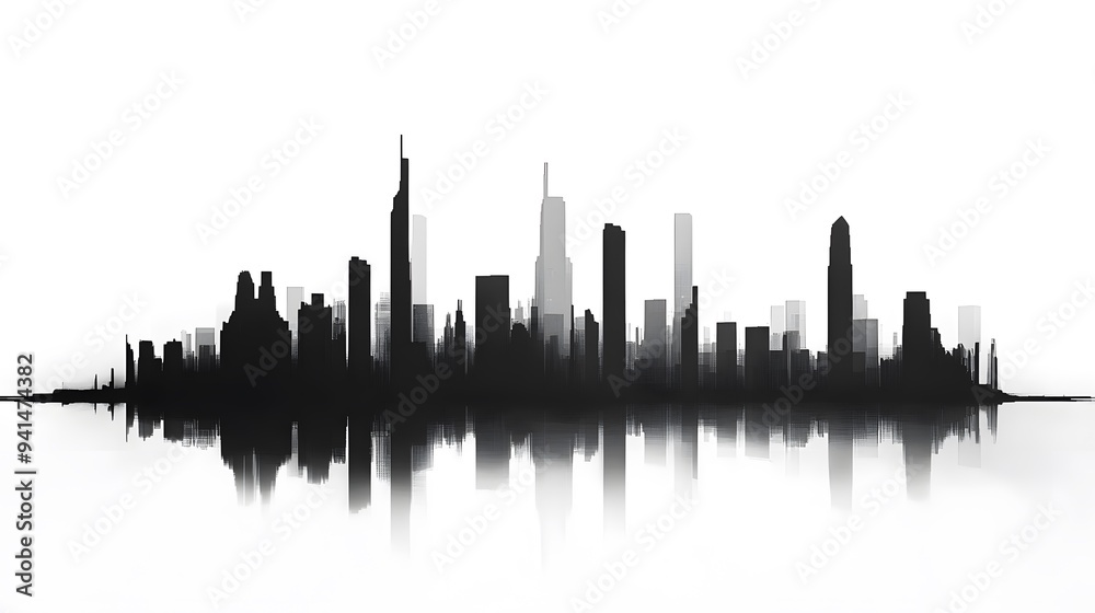 Obraz premium CG Futuristic City Skyline Silhouette: A sleek, CG-rendered silhouette of a futuristic city skyline, set against a stark white background. 