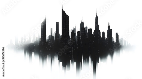 CG Futuristic City Skyline Silhouette: A sleek, CG-rendered silhouette of a futuristic city skyline, set against a stark white background. 