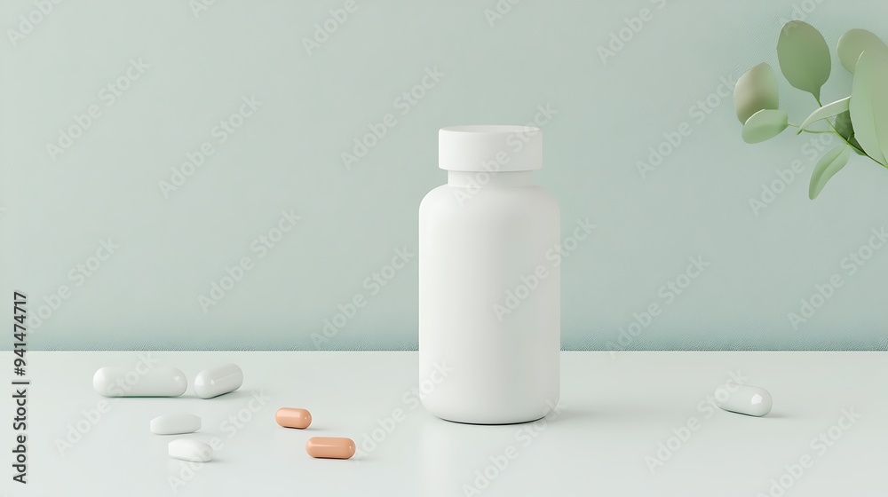 White pill bottle with scattered pills on a white table with a green wall and plant in the background. White pill bottle with scattered pills on a white table with a green wall and plant in the background.