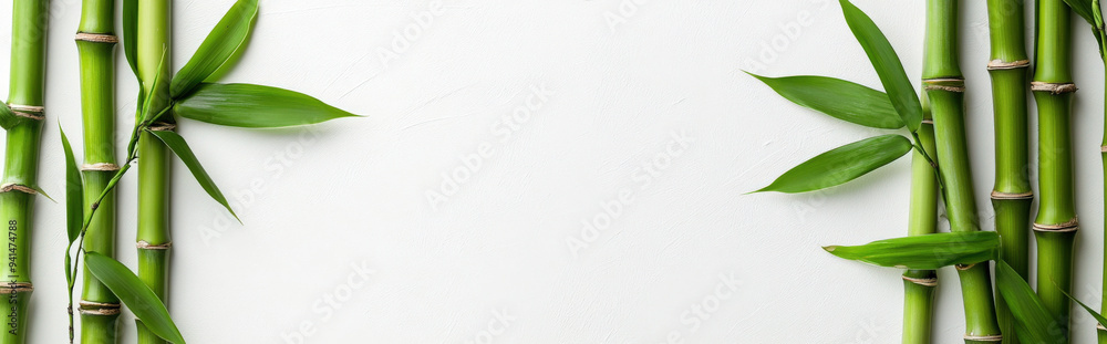 Obraz premium Minimalist bamboo stalks arranged on a pearl white background, with clean lines and ample space for copy