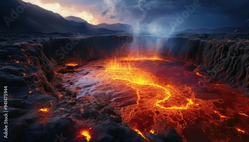Lava Flow in a Volcanic Crater.
