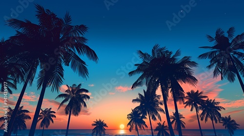 A serene sunset over a beach with palm trees, creating a tranquil atmosphere.