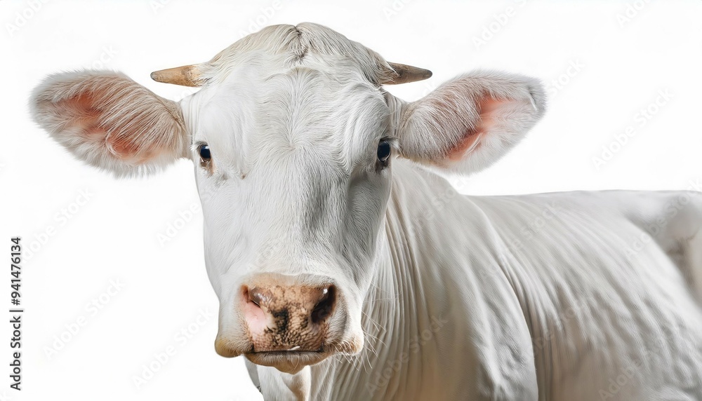 Close Up of a White Cow with Big Ears on White Background Close Up of a White Cow with Big Ears on White Background