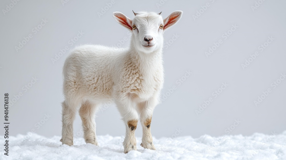 Fototapeta premium Adorable White Baby Goat Standing in Snow - Generative AI