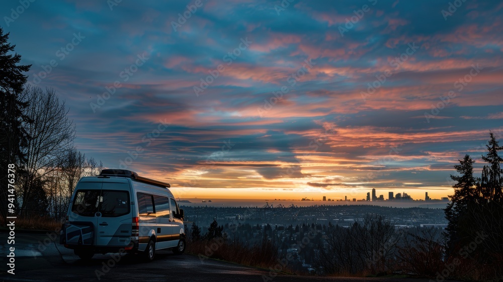 Camper van parked in the mountains overlooking seattle at sunset Camper van parked in the mountains overlooking seattle at sunset