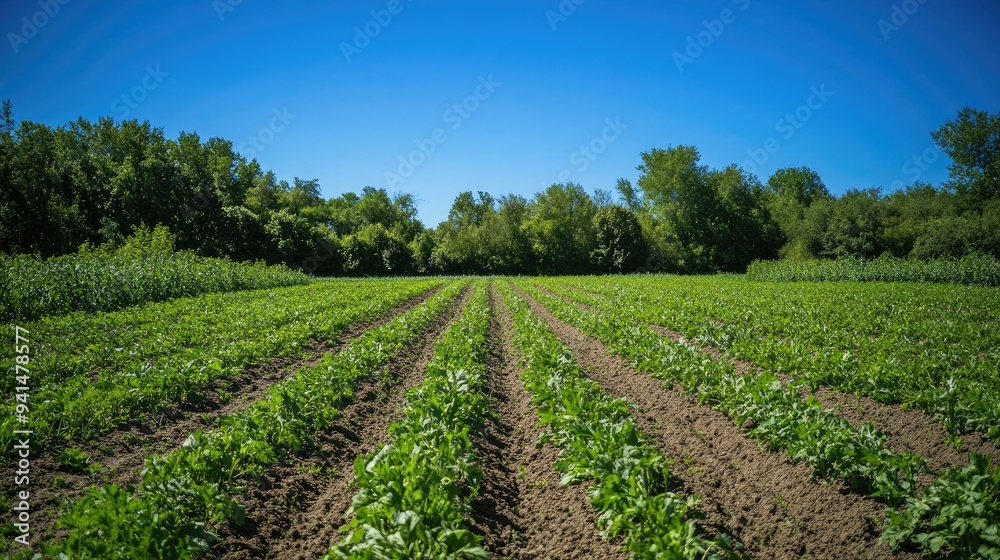 A carrot field in full bloom under a clear blue sky, with rows of lush green foliage. The wide shot captures the expanse of the farm and the beauty of nature. A carrot field in full bloom under a clear blue sky, with rows of lush green foliage. The wide shot captures the expanse of the farm and the beauty of nature.