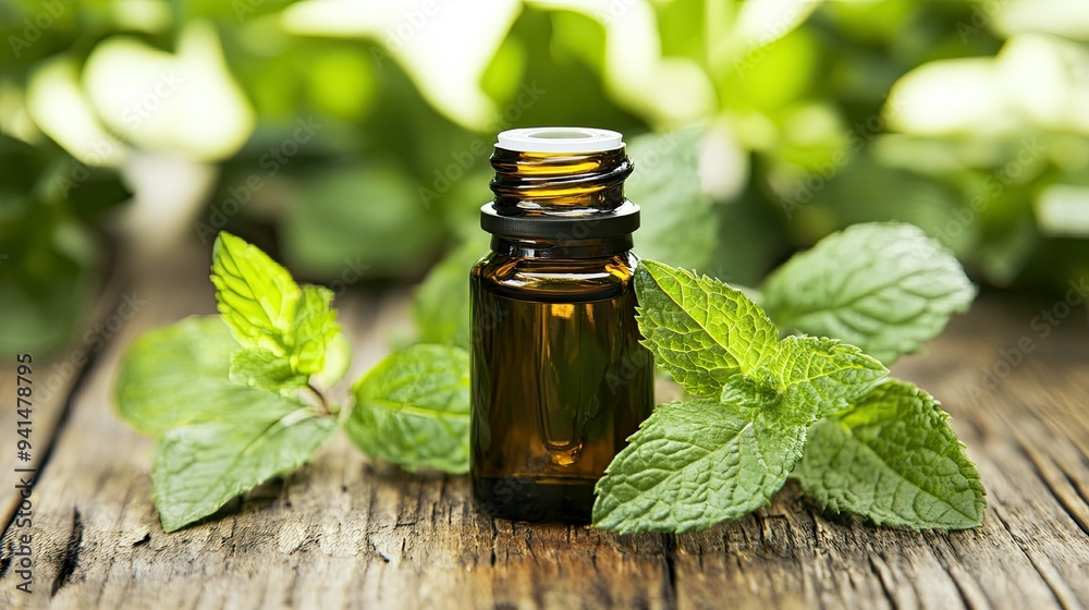A close-up of a bottle of mint essential oil, with droplets of oil on the surface, placed next to freshly picked mint leaves on a wooden table. A close-up of a bottle of mint essential oil, with droplets of oil on the surface, placed next to freshly picked mint leaves on a wooden table.