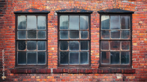 A close-up of a red brick wall with windows, capturing the texture of the bricks and the reflections in the glass, creating a visually appealing urban background.