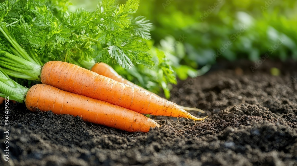 A close-up of freshly picked carrots with their green tops still attached, lying on the garden soil. Selective focus emphasizes the natural texture and color. A close-up of freshly picked carrots with their green tops still attached, lying on the garden soil. Selective focus emphasizes the natural texture and color.
