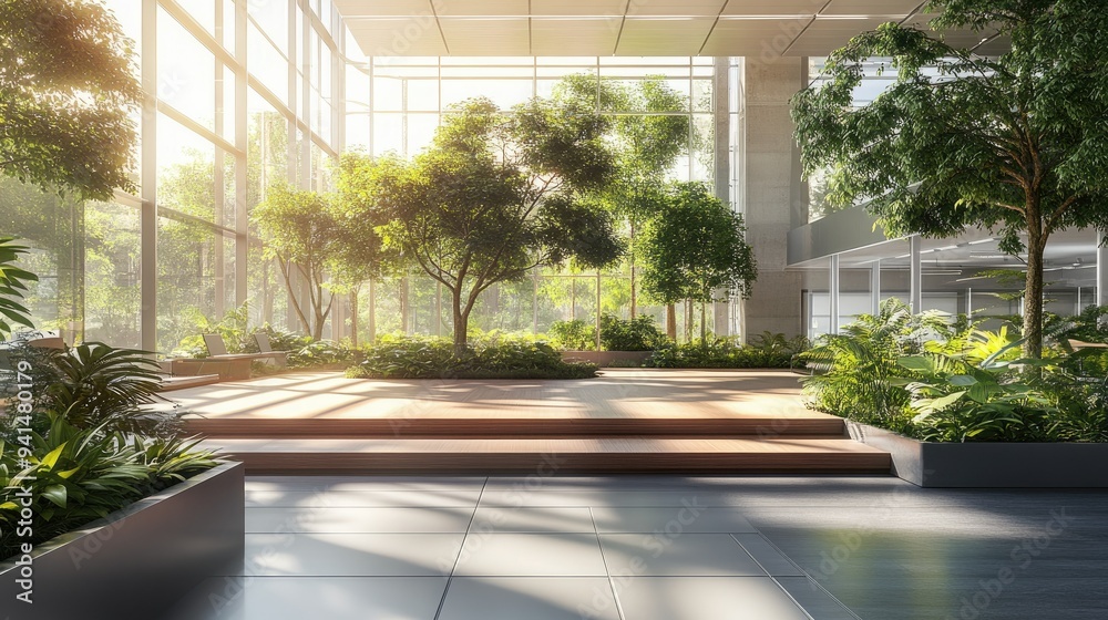 A contemporary office area with a platform and green landscape, featuring open spaces, trees, and eco-friendly architecture. Ideal for business visuals with a green focus. A contemporary office area with a platform and green landscape, featuring open spaces, trees, and eco-friendly architecture. Ideal for business visuals with a green focus.