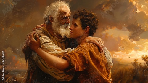 A detailed image of the prodigal son returning home, with his father running to embrace him, capturing the moment of forgiveness and reunion