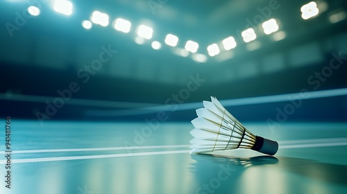 A close-up of a shuttlecock resting on a badminton court.