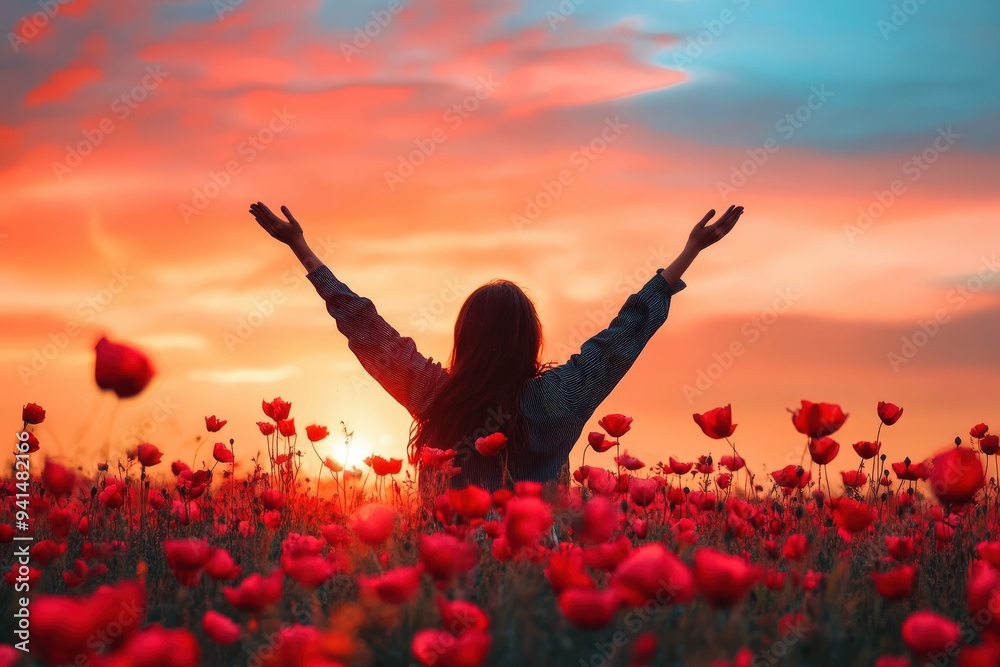 A woman stands in a vibrant flower field, arms outstretched in joy, as the sun sets with a colorful sky. This image exudes happiness, freedom, and a connection to nature. A woman stands in a vibrant flower field, arms outstretched in joy, as the sun sets with a colorful sky. This image exudes happiness, freedom, and a connection to nature.
