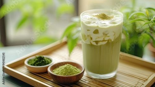 A glass of iced matcha latte on a bamboo tray, with fresh Uji tea leaves and a small dish of matcha powder, capturing the authenticity of Japanese tea culture.
