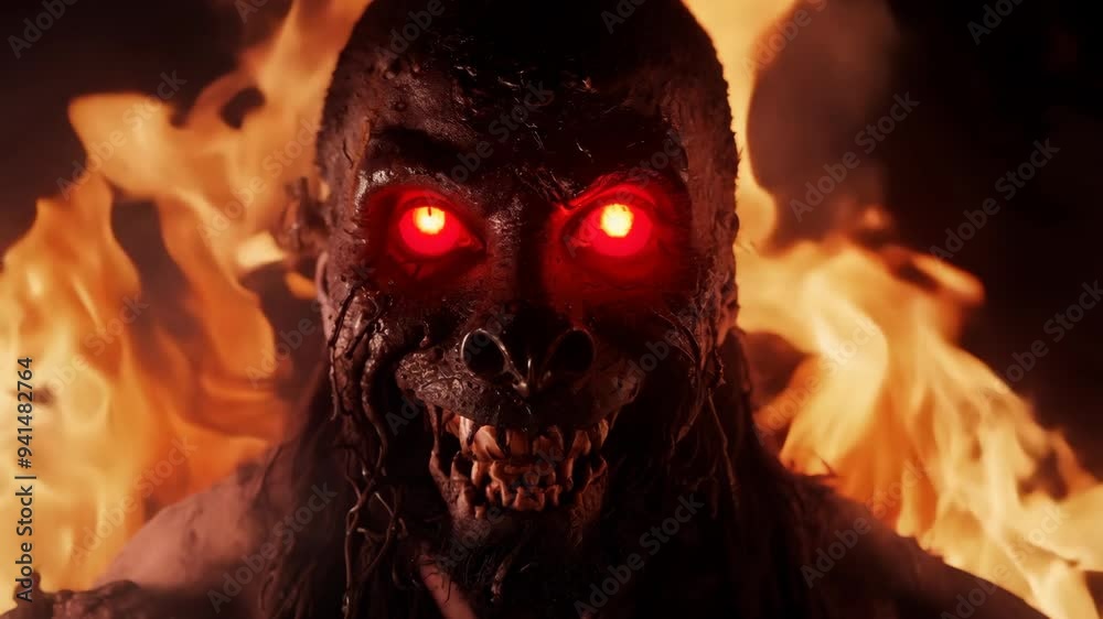 A terrifying creature emerges from the flames at the haunted forest during Halloween night A terrifying creature emerges from the flames at the haunted forest during Halloween night