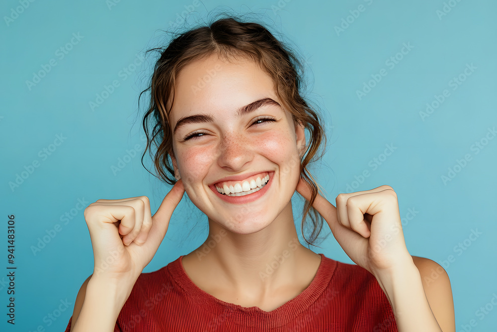 Woman smiling with perfect smile on the blue studio background Woman smiling with perfect smile on the blue studio background